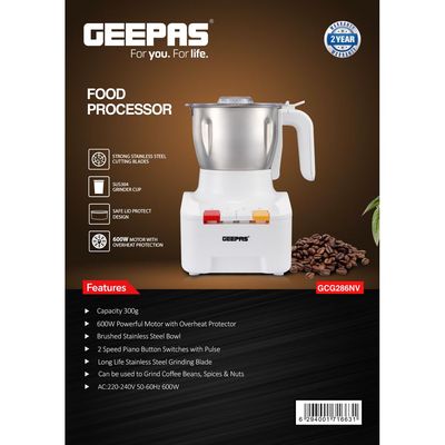 Geepas 300 G Food Processor, Suitable for Grinding Coffee Beans, Spices, Nuts, Etc| Equipped with Grinder Cup, Lid and Stainless Steel Blades| Perfect for Kitchen Use| 2 Years Warranty 0.3 kg 600 W GCG286N White/Silver