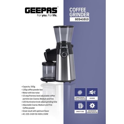 Geepas Electric Coffee Grinder -15 Grind Settings Adjustable Settings With Knob | Portable airtight chamber | Coffee Grinder For Drip, Percolator, French Press, American And Turkish Coffee Makers 0.35 kg 150 W GCG41013 Grey/Black