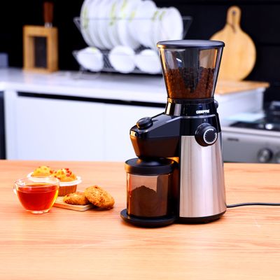 Geepas Electric Coffee Grinder -15 Grind Settings Adjustable Settings With Knob | Portable airtight chamber | Coffee Grinder For Drip, Percolator, French Press, American And Turkish Coffee Makers 0.35 kg 150 W GCG41013 Grey/Black