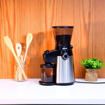 Geepas Electric Coffee Grinder -15 Grind Settings Adjustable Settings With Knob | Portable airtight chamber | Coffee Grinder For Drip, Percolator, French Press, American And Turkish Coffee Makers 0.35 kg 150 W GCG41013 Grey/Black