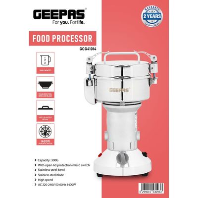Geepas Food Processor, SS Bowl with Lid,  Stainless Steel Blade| Safe Lid Protect Design | Mixer Grinder for Herb/ Spice/ Nut with Overload Protection 1400.0 W GCG41014 Silver
