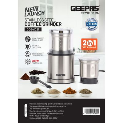 Geepas Stainless Steel Coffee Grinder With 2 in 1 Wet & Dry Jar, Stainless Steel Bowl & Blade, Overheat Protection, Smooth On/Off Press Switch, 200 W Power Motor, Transparent Lid 200 W GCG41021 silver