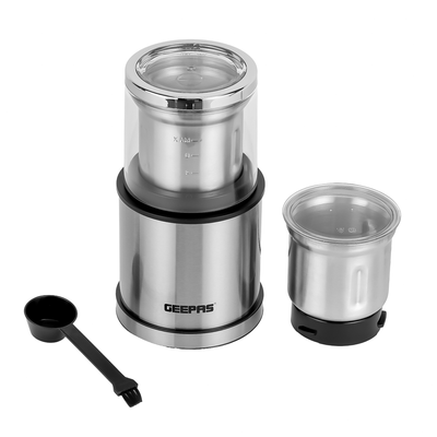 Geepas Stainless Steel Coffee Grinder With 2 in 1 Wet & Dry Jar, Stainless Steel Bowl & Blade, Overheat Protection, Smooth On/Off Press Switch, 200 W Power Motor, Transparent Lid 200 W GCG41021 silver