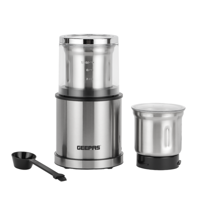 Geepas Stainless Steel Coffee Grinder With 2 in 1 Wet & Dry Jar, Stainless Steel Bowl & Blade, Overheat Protection, Smooth On/Off Press Switch, 200 W Power Motor, Transparent Lid 200 W GCG41021 silver