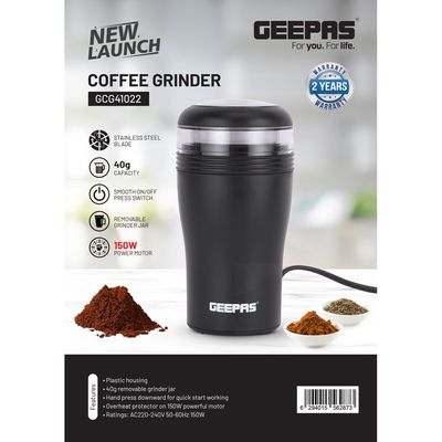 Geepas Coffee Grinder With Stainless Steel Blade, 40 Gram Capacity, Smooth On/Off Press Switch, Removable Grinder Jar, 150 Watt Power Motor, Overheat Protector 0.04 kg 150 W GCG41022 Black