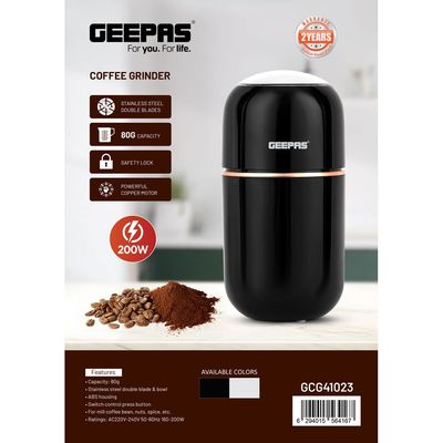 Geepas Coffee Grinder- 80 g Capacity, Durable Stainless Steel Jar and Blade, ABS Housing/ Ergonomic Grip, Perfect for Grinding Coffee Beans, Spice, Bread, etc. 0.08 kg 200 W GCG41023 Black