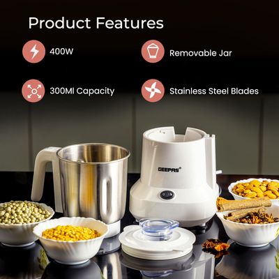 Geepas Coffee Grinder| High Quality Separate Stainless Steel Blades for Coffee Beans, Unbreakable Transparent Lid, Electric Grinder, Spices & Dried Nuts Grinding | Detachable Bowl |Large Capacity Mill 300.0 ml 450.0 W GCG6105 White/Silver