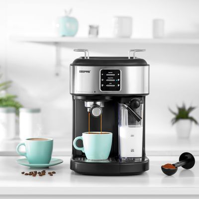 Geepas Espresso and Cappuccino Coffee Machine, Equipped with 20 Bar High Pressure Pump and Powerful Steam System, Makes Cappuccino, Lattes, Espresso, Macchiato, Mocha 1.5 L 1250 W GCM1215SA Silver/ Black