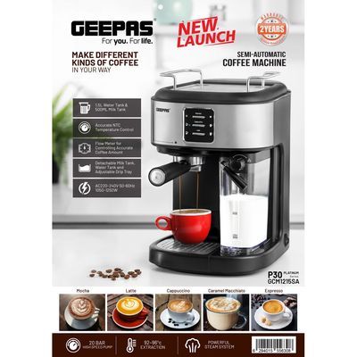 Geepas Espresso and Cappuccino Coffee Machine, Equipped with 20 Bar High Pressure Pump and Powerful Steam System, Makes Cappuccino, Lattes, Espresso, Macchiato, Mocha 1.5 L 1250 W GCM1215SA Silver/ Black