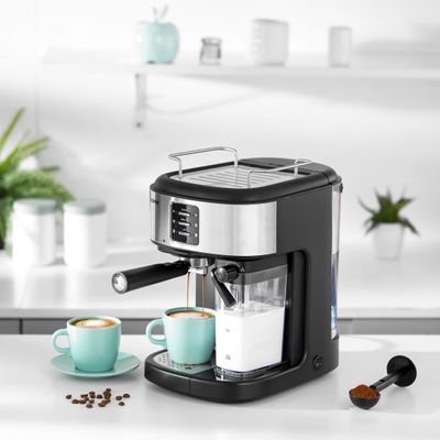 Geepas Espresso and Cappuccino Coffee Machine, Equipped with 20 Bar High Pressure Pump and Powerful Steam System, Makes Cappuccino, Lattes, Espresso, Macchiato, Mocha 1.5 L 1250 W GCM1215SA Silver/ Black