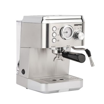 Geepas Espresso and Cappuccino Coffee Machine Die-Cast  Aluminum Boiler and Detachable Water Tank| Makes Cappuccino, Lattes, Espresso| Includes Overheating and Overpressure Protection 1.8 L 1800 W GCM1523SS Silver