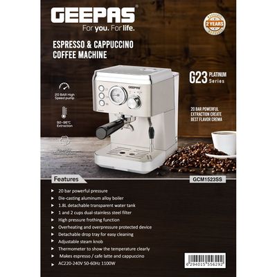 Geepas Espresso and Cappuccino Coffee Machine Die-Cast  Aluminum Boiler and Detachable Water Tank| Makes Cappuccino, Lattes, Espresso| Includes Overheating and Overpressure Protection 1.8 L 1800 W GCM1523SS Silver