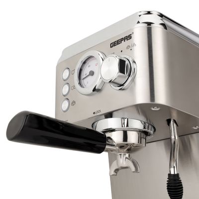 Geepas Espresso and Cappuccino Coffee Machine Die-Cast  Aluminum Boiler and Detachable Water Tank| Makes Cappuccino, Lattes, Espresso| Includes Overheating and Overpressure Protection 1.8 L 1800 W GCM1523SS Silver