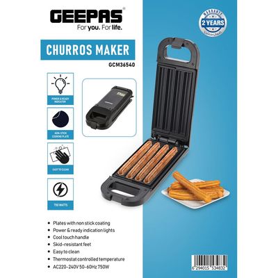 Geepas Churro's Maker Power & Ready Indicator Non-Stick Cooking Plate Easy to Clean750W Freshly Bake 4 Churros at Time Cook Healthy & Oil-Free Churros 750.0 W GCM36540 Black