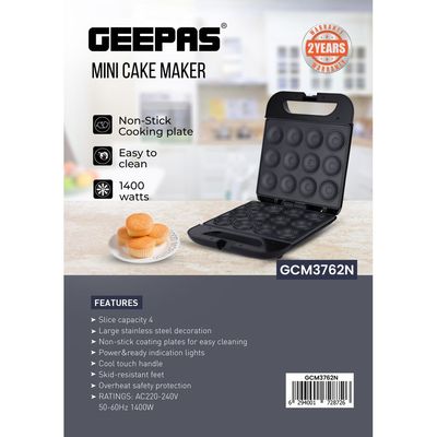 Geepas 12Pcs Mini Cake Maker 1400W - Non-Stick Plates, Power & Ready Light Indicators, Non-slip Feet | Cool Touch Hand, Compact & Lightweight, Quick & Easy. 1400 W GCM3762N Black