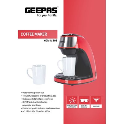 Geepas Espresso Machine Barista Coffee Maker With Pump 0.3 L 450 W GCM41508 Red/Black