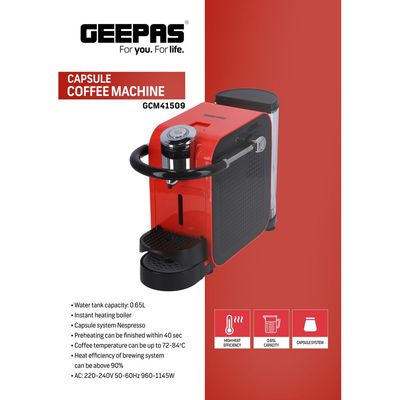 Geepas Capsule Coffee Machine | Single Serve Coffee Brewer with Single-Cup | Quick Brew Technology, Programmable Features, One Touch Function | 2 Years Warranty 0.6 L 1145 W GCM41509 Red/Black