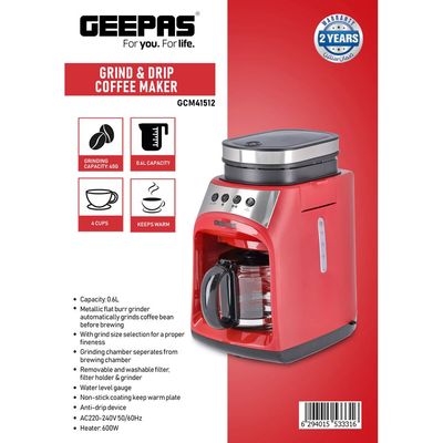 Geepas Grinder & Drip Coffee Maker, 4 cups| Washable Filter | Non-Stick Coating Keep Warm Function | Filter Holder & Grinder | Water Level Gauge 0.6 L 600 W GCM41512 Red