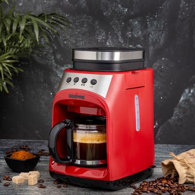 Geepas Grinder & Drip Coffee Maker, 4 cups| Washable Filter | Non-Stick Coating Keep Warm Function | Filter Holder & Grinder | Water Level Gauge 0.6 L 600 W GCM41512 Red