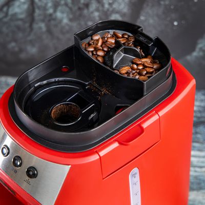 Geepas Grinder & Drip Coffee Maker, 4 cups| Washable Filter | Non-Stick Coating Keep Warm Function | Filter Holder & Grinder | Water Level Gauge 0.6 L 600 W GCM41512 Red