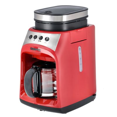 Geepas Grinder & Drip Coffee Maker, 4 cups| Washable Filter | Non-Stick Coating Keep Warm Function | Filter Holder & Grinder | Water Level Gauge 0.6 L 600 W GCM41512 Red