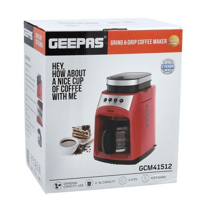 Geepas Grinder & Drip Coffee Maker, 4 cups| Washable Filter | Non-Stick Coating Keep Warm Function | Filter Holder & Grinder | Water Level Gauge 0.6 L 600 W GCM41512 Red