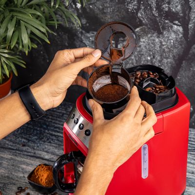 Geepas Grinder & Drip Coffee Maker, 4 cups| Washable Filter | Non-Stick Coating Keep Warm Function | Filter Holder & Grinder | Water Level Gauge 0.6 L 600 W GCM41512 Red