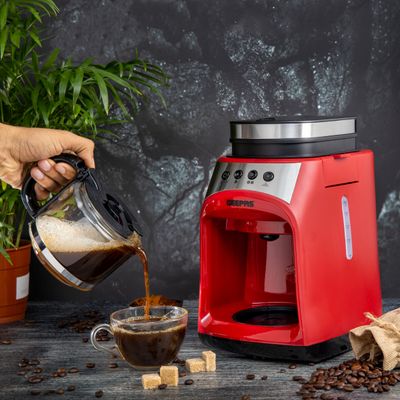 Geepas Grinder & Drip Coffee Maker, 4 cups| Washable Filter | Non-Stick Coating Keep Warm Function | Filter Holder & Grinder | Water Level Gauge 0.6 L 600 W GCM41512 Red