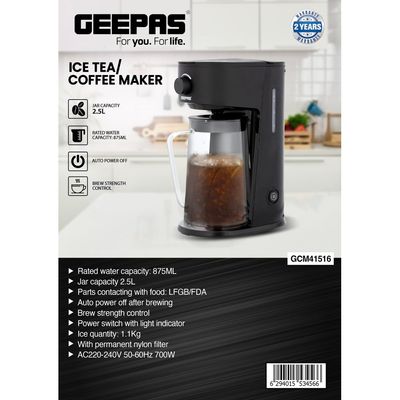 Geepas Ice Tea/ Coffee Maker, With Permanent Nylon Filter, GCM41516 | Ice Tea Maker with Infusion Pitcher for Hot/Cold Water | Iced Coffee Maker for Ground Coffee with Brew Strength Selector 2.5 L 700 W GCM41516 Black