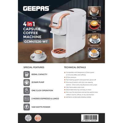 Geepas 4-in-1 Capsule Coffee Machine | Compatible with all Brand Capsules | Fast Heating System, One-Touch Button Operation| 20 bar  pump, Removable 0.6L Water Tank , Mini Size Fits Anywhere | 2 Years Warranty 600 ml 1450 W GCM41526-WT White/Rose Gold