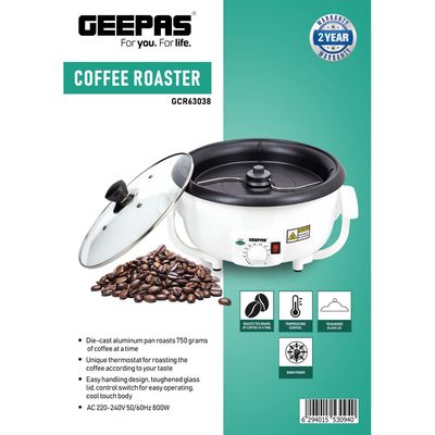 Geepas Coffee Roaster, Automatic Coffee Roaster | Temperature Control | Toughened Glass Lid | Easy Handling Design | Control Switch for Easy Operating 800 W GCR63038 White