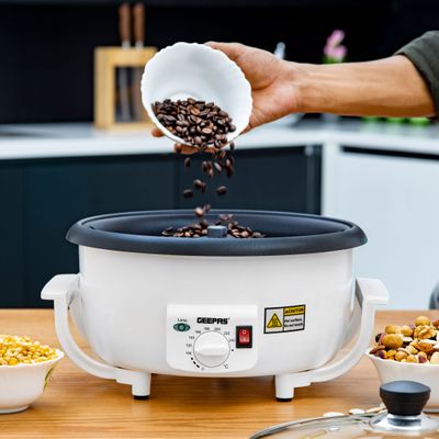 Geepas Coffee Roaster, Automatic Coffee Roaster | Temperature Control | Toughened Glass Lid | Easy Handling Design | Control Switch for Easy Operating 800 W GCR63038 White