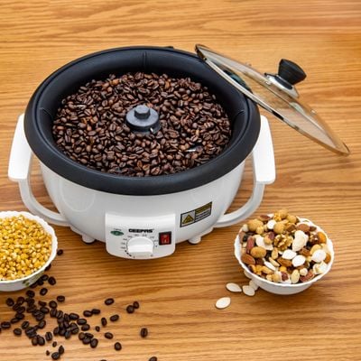 Geepas Coffee Roaster, Automatic Coffee Roaster | Temperature Control | Toughened Glass Lid | Easy Handling Design | Control Switch for Easy Operating 800 W GCR63038 White