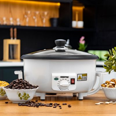 Geepas Coffee Roaster, Automatic Coffee Roaster | Temperature Control | Toughened Glass Lid | Easy Handling Design | Control Switch for Easy Operating 800 W GCR63038 White