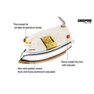 Geepas Automatic Dry Iron | Iron Box with Temperature Settings Dial and Auto Shut Off Function| Super Deluxe Heavy Weight Iron Box, Suitable for All Kinds of Fabric| Equipped with Teflon Coating 2.5 kg 1200 W GDI23011 White/Silver/Gold