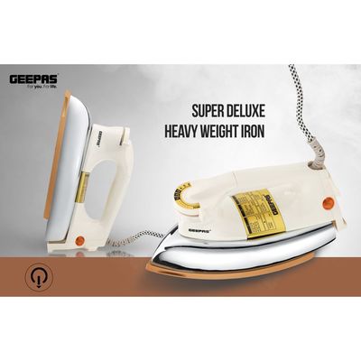 Geepas Automatic Dry Iron | Iron Box with Temperature Settings Dial and Auto Shut Off Function| Super Deluxe Heavy Weight Iron Box, Suitable for All Kinds of Fabric| Equipped with Teflon Coating 2.5 kg 1200 W GDI23011 White/Silver/Gold