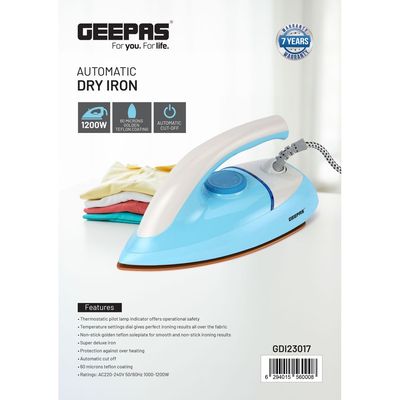 Geepas Automatic Dry Iron With 60 Microns Golden Teflon Coating, 1200 Watt Power, Automatic Cut-Off, Thermostatic Pilot Lamp Indicator, Temperature Setting Dial, Overheat Protection 1200 W GDI23017 Blue