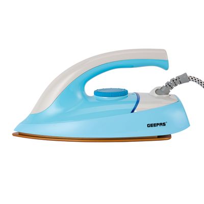 Geepas Automatic Dry Iron With 60 Microns Golden Teflon Coating, 1200 Watt Power, Automatic Cut-Off, Thermostatic Pilot Lamp Indicator, Temperature Setting Dial, Overheat Protection 1200 W GDI23017 Blue