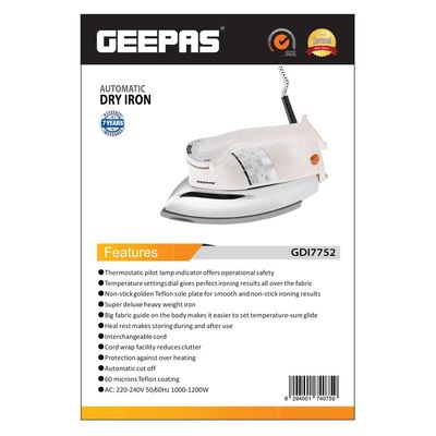 Geepas Automatic Dry Iron 1200.0 W GDI7752 Beige/Silver/Brown