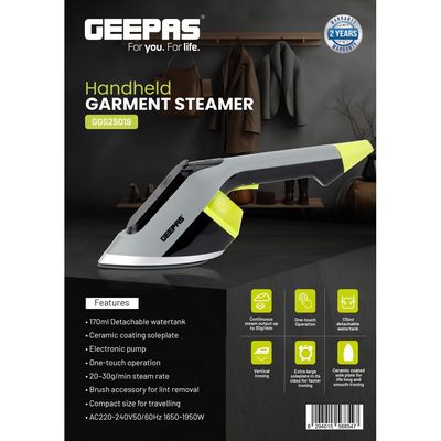 Geepas Handheld Garment Steamer with Detachable Water Tank 170 ml 1950 W GGS25019 Grey, Black, Yellow