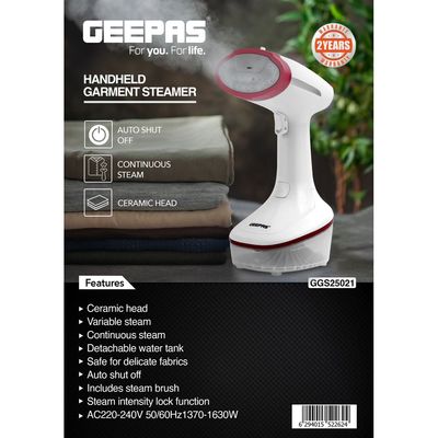 Geepas Handheld Garment Steamer , Fast Heating with Auto Shut-Off| Suitable for All Kinds of Fabric and Safe for Delicate Fabrics| Equipped with Ceramic Head and Detachable Water Tank| 2 Years Warranty 0.2 L 1630 W GGS25021 White, Grey, Red