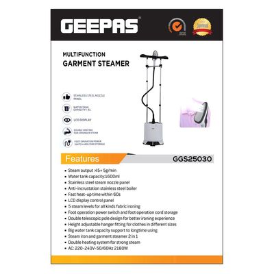 Geepas 2-in-1 Steam Iron And Garment Steamer 1.6 L 2180.0 W GGS25030 White/Black