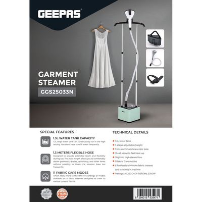 Geepas Garment Steamer Thermostat Protection1.3L Water Tank Powerful Steam Aluminium Pole Heating Time: 35-45 Seconds 11 Positions 1.3 L 2000.0 W GGS25033 White/Grey