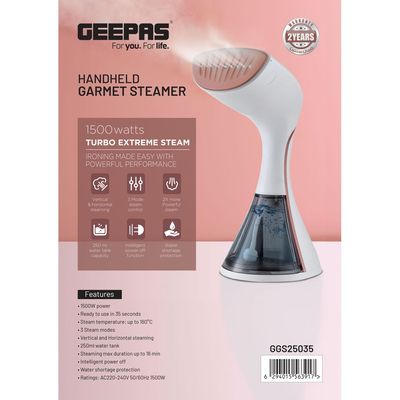 Geepas Handheld Garment Steamer, Ready to Use in 35 Seconds/ Suitable for all Kinds of Fabric and Safe for Delicate Fabrics/ 3 Modes, with Turbo Extreme Performance 250 ml 1500 W GGS25035 White and Pink