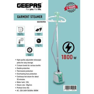 Geepas Garment Steamer -  Portable 2 Steam Levels, Overheat & Thermostat Protection, 2L Water Tank, 45s Preheat Time, High Quality Adjustable Poles, Water level Protection 2 L 1800 W GGS9695 White/Green