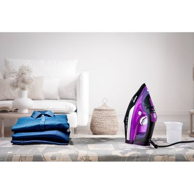 Geepas Geepas Steam Iron- GSI24025/ Ironing Box with Ceramic-Coated Soleplate and Self-Cleaning Function/ Comfortable Handle and Handy Design with Multiple Functions/ 480 ml Water Tank, Suitable for All Kinds of Fabric, 3000 W Power/ 2 Years Warranty, Purple and Black