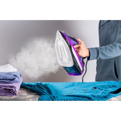 Geepas Geepas Steam Iron- GSI24025/ Ironing Box with Ceramic-Coated Soleplate and Self-Cleaning Function/ Comfortable Handle and Handy Design with Multiple Functions/ 480 ml Water Tank, Suitable for All Kinds of Fabric, 3000 W Power/ 2 Years Warranty, Purple and Black