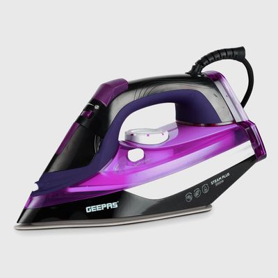 Geepas Geepas Steam Iron- GSI24025/ Ironing Box with Ceramic-Coated Soleplate and Self-Cleaning Function/ Comfortable Handle and Handy Design with Multiple Functions/ 480 ml Water Tank, Suitable for All Kinds of Fabric, 3000 W Power/ 2 Years Warranty, Purple and Black