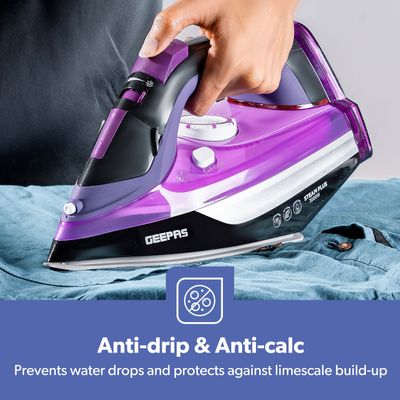 Geepas Geepas Steam Iron- GSI24025/ Ironing Box with Ceramic-Coated Soleplate and Self-Cleaning Function/ Comfortable Handle and Handy Design with Multiple Functions/ 480 ml Water Tank, Suitable for All Kinds of Fabric, 3000 W Power/ 2 Years Warranty, Purple and Black