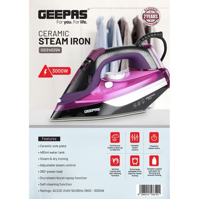 Geepas Geepas Steam Iron- GSI24025/ Ironing Box with Ceramic-Coated Soleplate and Self-Cleaning Function/ Comfortable Handle and Handy Design with Multiple Functions/ 480 ml Water Tank, Suitable for All Kinds of Fabric, 3000 W Power/ 2 Years Warranty, Purple and Black